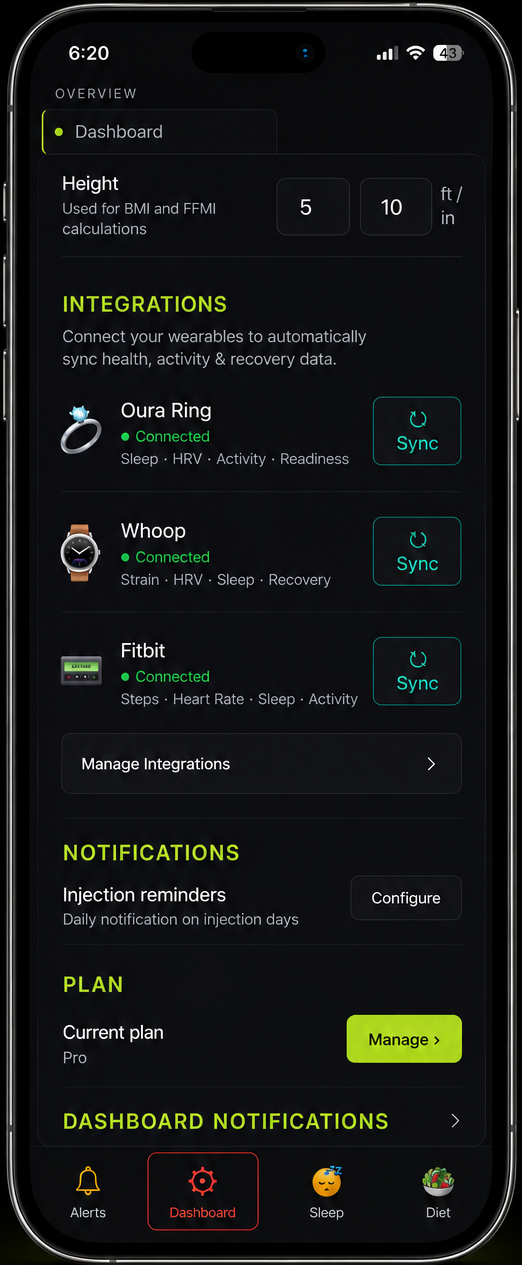APEX wearable integrations screen showing Oura Ring, Whoop, and Fitbit connected